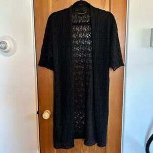 eileen fisher washable 100% wool short sleeve open knit long line cardigan